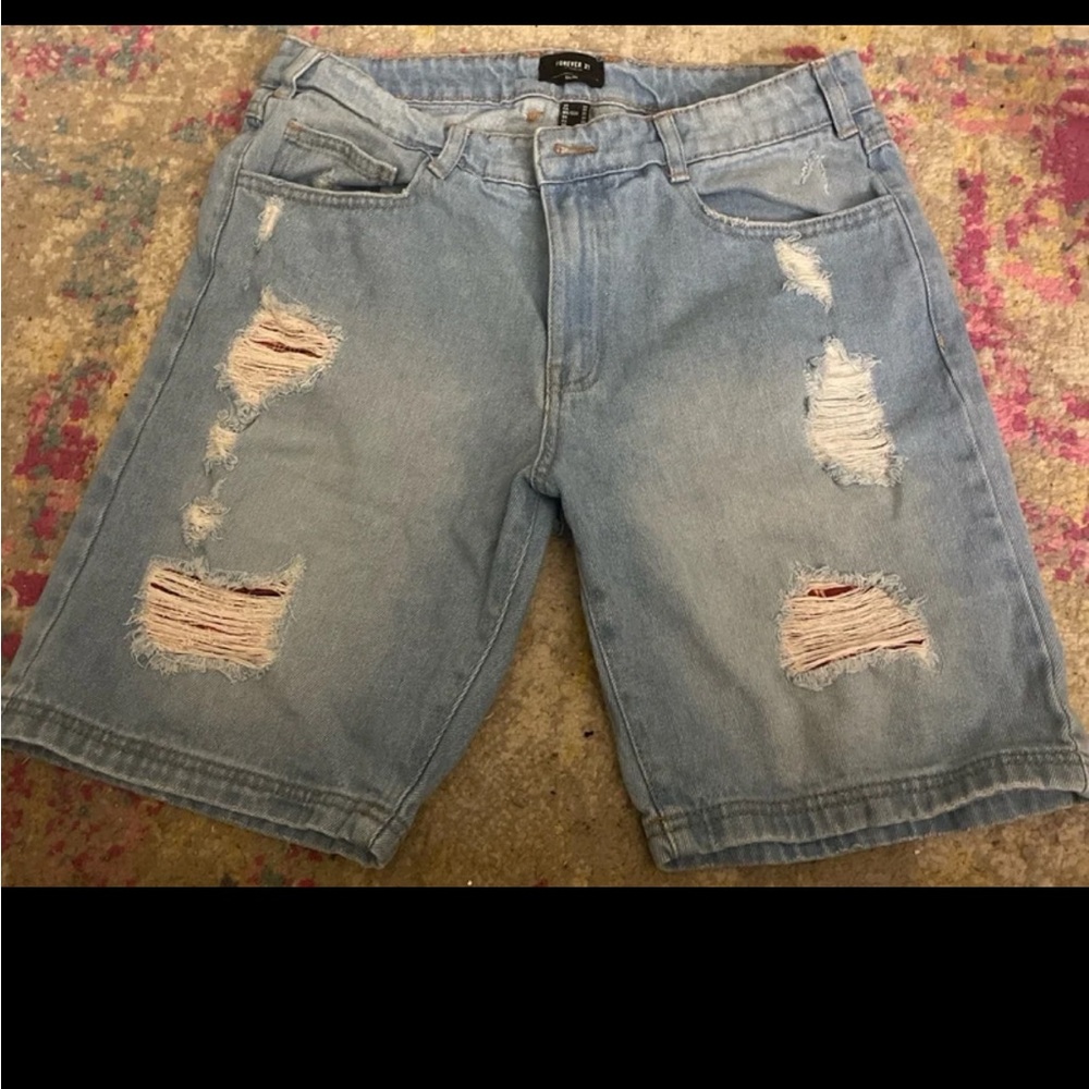 Forever 21 Ripped Light Blue Jean Shorts